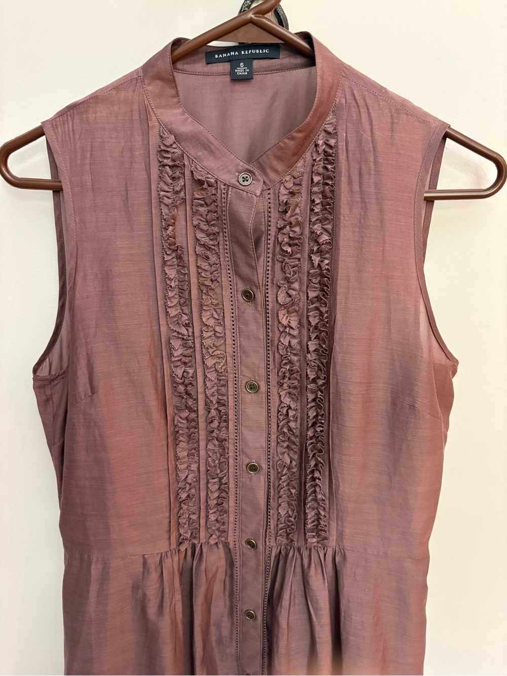 Banana Republic Silk Cotton Ruffle Bib Dress Size 6 Mauve Brown Sleeveless - Picture 9 of 9